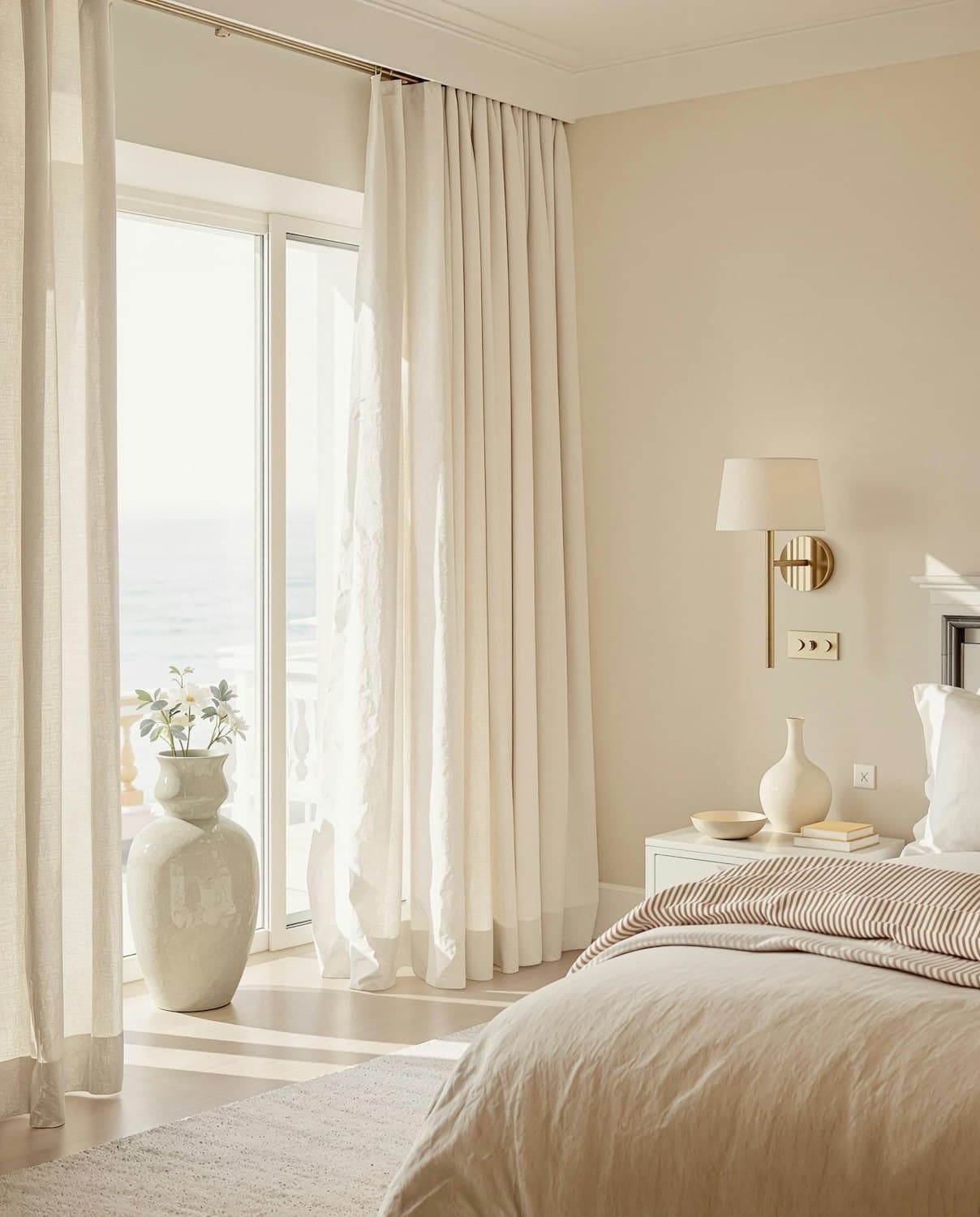 Calm bedroom in neutral tones with sheer curtains and natural light