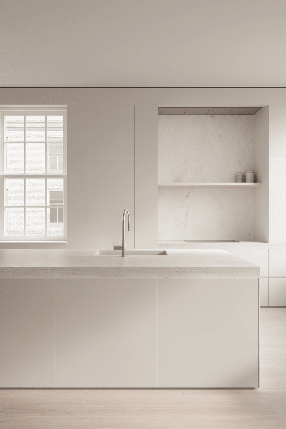 Minimalist kitchen with a stone-topped island and a large window