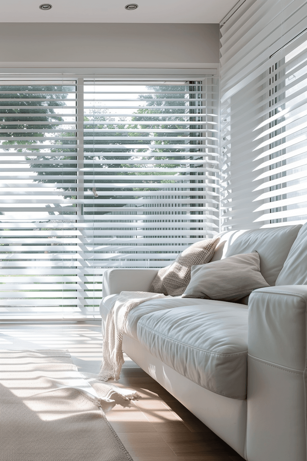 Bright living room with white blinds, a leather sofa and soft sunlight