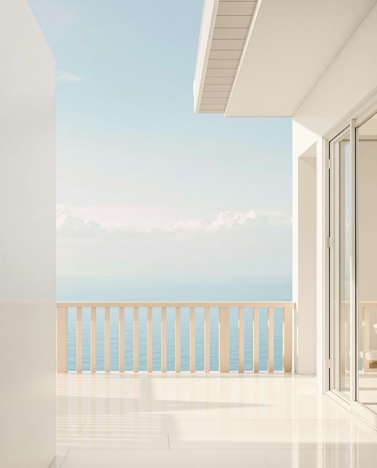 Sunlit terrace with a wooden railing overlooking the open sea